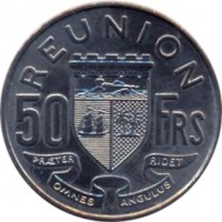 reverse of 50 Francs (1962 - 1973) coin with KM# 12 from Réunion. Inscription: REUNION 50 Frs PRAETER OMNES ANGULUS RIDET