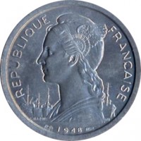 obverse of 2 Francs (1948 - 1973) coin with KM# 8 from Réunion. Inscription: REPUBLIQUE FRANÇAISE 1948