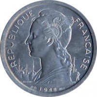 Réunion coin 2 Francs (1948 - 1973) obverse obverse of 2 Francs (1948 - 1973) coin with KM# 8 from Réunion. Inscription: REPUBLIQUE FRANÇAISE 1948