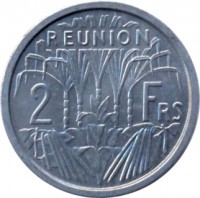 reverse of 2 Francs (1948 - 1973) coin with KM# 8 from Réunion. Inscription: REUNION 2 Frs