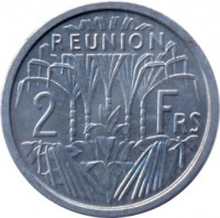 Réunion coin 2 Francs (1948 - 1973) reverse reverse of 2 Francs (1948 - 1973) coin with KM# 8 from Réunion. Inscription: REUNION 2 Frs