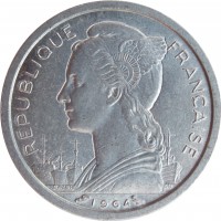 obverse of 1 Franc (1948 - 1973) coin with KM# 6 from Réunion. Inscription: REPUBLIQUE FRANCAISE 1948 L.BAZOR