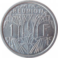 reverse of 1 Franc (1948 - 1973) coin with KM# 6 from Réunion. Inscription: REUNION 1 F.