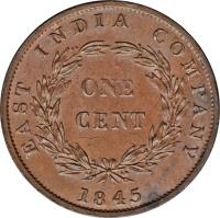 reverse of 1 Cent - Victoria (1845) coin with KM# 3 from Straits Settlements. Inscription: EAST INDIA COMPANY ONE CENT 1845