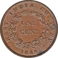 Straits Settlements coin 1 Cent - Victoria (1845) reverse reverse of 1 Cent - Victoria (1845) coin with KM# 3 from Straits Settlements. Inscription: EAST INDIA COMPANY ONE CENT 1845