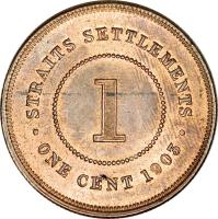 Straits Settlements coin 1 Cent - Edward VII (1903 - 1908) reverse reverse of 1 Cent - Edward VII (1903 - 1908) coin with KM# 19 from Straits Settlements. Inscription: · STRAITS SETTLEMENTS · 1 ONE CENT 1903