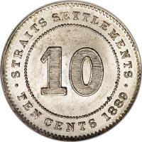 Straits Settlements coin 10 Cents - Victoria (1871 - 1901) reverse reverse of 10 Cents - Victoria (1871 - 1901) coin with KM# 11 from Straits Settlements. Inscription: STRAITS SETTLEMENTS 10 · TEN CENTS 1893 ·