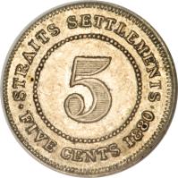 Straits Settlements coin 5 Cents - Victoria (1871 - 1901) reverse reverse of 5 Cents - Victoria (1871 - 1901) coin with KM# 10 from Straits Settlements. Inscription: STRAITS SETTLEMENTS 5 · FIVE CENTS 1900 ·