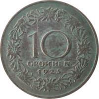 reverse of 10 Groschen (1925 - 1929) coin with KM# 2838 from Austria. Inscription: 10 GROSCHEN 1925