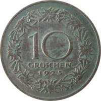 Austria coin 10 Groschen (1925 - 1929) reverse reverse of 10 Groschen (1925 - 1929) coin with KM# 2838 from Austria. Inscription: 10 GROSCHEN 1925