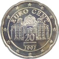 obverse of 20 Euro Cent - 1'st Map (2002 - 2007) coin with KM# 3086 from Austria. Inscription: EURO CENT 20 2002