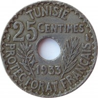 Tunisia coin 25 Centimes - Aḥmad II ibn Ali (1931 - 1938) reverse reverse of 25 Centimes - Aḥmad II ibn Ali (1931 - 1938) coin with KM# 260 from Tunisia. Inscription: TUNISIE 25CENTIMES 1931 PROTECTORAT FRANÇAIS
