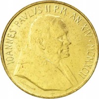 Vatican City coin 200 Lire - John Paul II (1992) obverse obverse of 200 Lire - John Paul II (1992) coin with KM# 240 from Vatican City. Inscription: IOANNES PAVLVS II P.M. AN.XIV · MCMXCII
