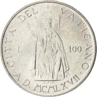 reverse of 100 Lire - Paulus VI (1967) coin with KM# 98 from Vatican City. Inscription: CITTA' DEL + VATICANO L. 100 · A.D. MCMLXVII ·