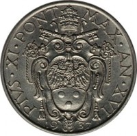 obverse of 1 Lira - Pius XI (1929 - 1937) coin with KM# 5 from Vatican City. Inscription: PIVS · XI · PONT MAX · AN · XVI 19 37