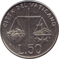reverse of 50 Lire - John Paul II - Balance (1992) coin with KM# 238 from Vatican City. Inscription: CITTA DEL VATICANO R L.50