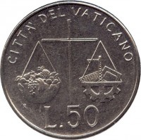 Vatican City coin 50 Lire - John Paul II - Balance (1992) reverse reverse of 50 Lire - John Paul II - Balance (1992) coin with KM# 238 from Vatican City. Inscription: CITTA DEL VATICANO R L.50