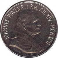 obverse of 50 Lire - John Paul II - Balance (1992) coin with KM# 238 from Vatican City. Inscription: IOANNES PAVLVS II P.M. AN. XIV MCMXIV