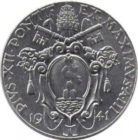 obverse of 1 Lira - Pius XII (1940 - 1941) coin with KM# 26a from Vatican City. Inscription: PIVS · XII · PONTIF EX · MAXIMVS · A · III 19 41
