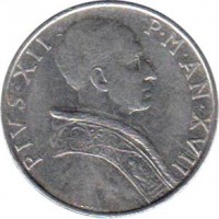 obverse of 50 Lire - Pius XII (1955 - 1958) coin with KM# 54 from Vatican City. Inscription: PIVS.XII P.M.AN.XVII