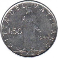 reverse of 50 Lire - Pius XII (1955 - 1958) coin with KM# 54 from Vatican City. Inscription: CITTA' DEL VATICANO L.50 1955 SPES