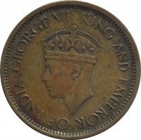 obverse of 50 Cents - George VI (1943) coin with KM# 116 from Ceylon. Inscription: GEORGE VI KING AND EMPEROR OF INDIA