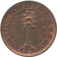 reverse of 1/2 Cent - George VI (1937 - 1940) coin with KM# 110 from Ceylon. Inscription: CEYLON · HALF · CENT · 1937 ·