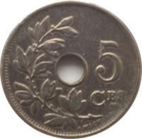 reverse of 5 Centimes - Albert I - French text (1910 - 1932) coin with KM# 66 from Belgium. Inscription: 5 CES A. MICHAUX