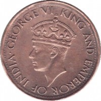 obverse of 1 Cent - George VI (1942 - 1945) coin with KM# 111a from Ceylon. Inscription: GEORGE VI KING AND EMPEROR OF INDIA