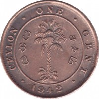 reverse of 1 Cent - George VI (1942 - 1945) coin with KM# 111a from Ceylon. Inscription: CEYLON · ONE · CENT · 1942 ·