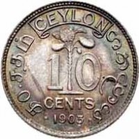 reverse of 10 Cents - Edward VII (1902 - 1910) coin with KM# 97 from Ceylon. Inscription: CEYLON 1 0 CENTS · 1903 ·