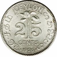 Ceylon coin 25 Cents - George V (1919 - 1926) reverse reverse of 25 Cents - George V (1919 - 1926) coin with KM# 105a from Ceylon. Inscription: CEYLON 25 CENTS · 1921 ·
