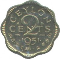 Ceylon coin 2 Cents - George VI (1951) reverse reverse of 2 Cents - George VI (1951) coin with KM# 119 from Ceylon. Inscription: CEYLON 2 CENTS · 1951 ·