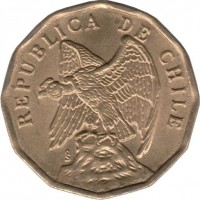 obverse of 10 Centavos (1975 - 1976) coin with KM# 205 from Chile. Inscription: REPUBLICA DE CHILE So