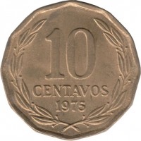 reverse of 10 Centavos (1975 - 1976) coin with KM# 205 from Chile. Inscription: 10 CENTAVOS 1975
