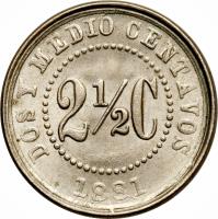 reverse of 2 1/2 Centavos (1881) coin with KM# 179 from Colombia. Inscription: DOS Y MEDIO CENTAVOS 2 · C 1881