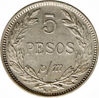 reverse of 5 Pesos - Papel Moneda (1907 - 1914) coin with KM# 279 from Colombia. Inscription: 5 PESOS p/m