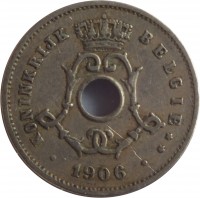 obverse of 5 Centimes - Leopold II - Dutch text; Large date (1904 - 1907) coin with KM# 55 from Belgium. Inscription: KONINKRIJK BELGIË ** 1906