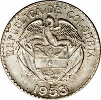 obverse of 20 Centavos (1952 - 1953) coin with KM# 213 from Colombia. Inscription: REPUBLICA DE COLOMBIA 1953