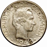 Colombia coin 20 Centavos (1945 - 1951) obverse obverse of 20 Centavos (1945 - 1951) coin with KM# 208 from Colombia. Inscription: REPUBLICA DE COLOMBIA 1949