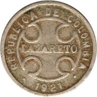 Colombia coin 2 Centavos - Leprosarium Coinage (1921) obverse obverse of 2 Centavos - Leprosarium Coinage (1921) coin with KM# L10 from Colombia. Inscription: REPUBLICA DE COLOMBIA LAZARETO * 1921 *