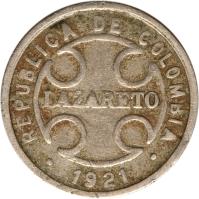 obverse of 2 Centavos - Leprosarium Coinage (1921) coin with KM# L10 from Colombia. Inscription: REPUBLICA DE COLOMBIA LAZARETO * 1921 *