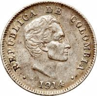 obverse of 10 Centavos (1911 - 1942) coin with KM# 196 from Colombia. Inscription: REPUBLICA DE COLOMBIA 1914