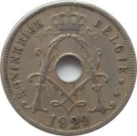obverse of 25 Centimes - Albert I - Dutch text (1910 - 1929) coin with KM# 69 from Belgium. Inscription: KONINKRIJK BELGIË ** 1929