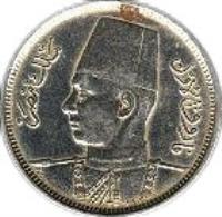 obverse of 2 Millièmes - Farouk I (1938) coin with KM# 359 from Egypt.