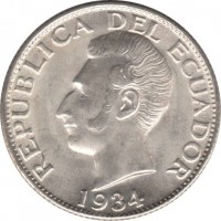 obverse of 1 Sucre (1928 - 1934) coin with KM# 72 from Ecuador. Inscription: REPUBLICA DEL ECUADOR 1934