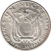 reverse of 1 Sucre (1928 - 1934) coin with KM# 72 from Ecuador. Inscription: GRAM.5. UN SUCRE LEY 0.720 PHILA · U · S · A ·