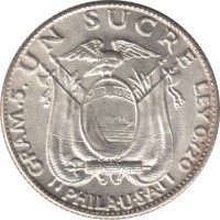 Ecuador coin 1 Sucre (1928 - 1934) reverse reverse of 1 Sucre (1928 - 1934) coin with KM# 72 from Ecuador. Inscription: GRAM.5. UN SUCRE LEY 0.720 PHILA · U · S · A ·