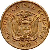 obverse of 20 Centavos (1942 - 1944) coin with KM# 77.1a from Ecuador.