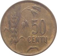 reverse of 50 Centų (1925) coin with KM# 75 from Lithuania. Inscription: 50 CENTŲ